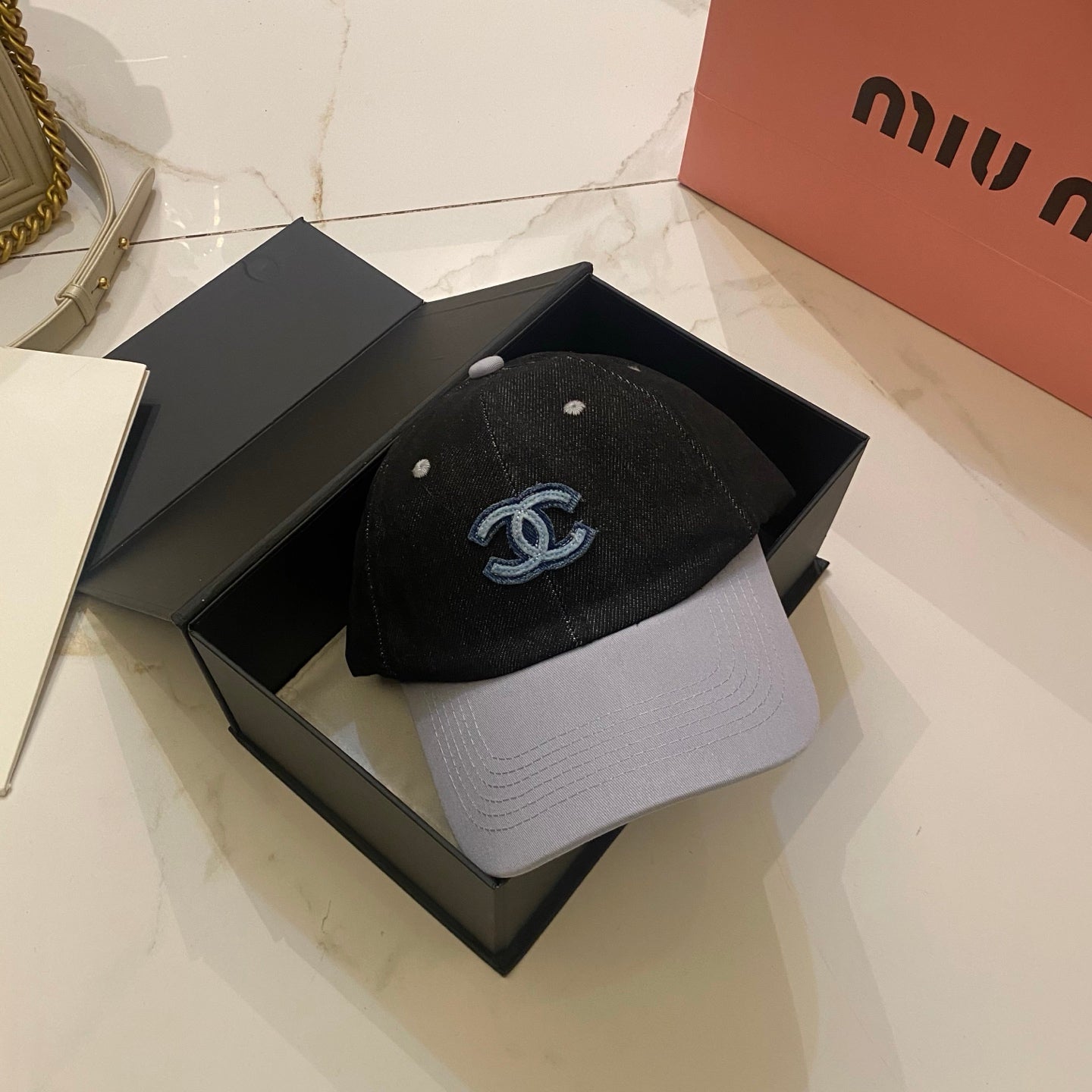 Chanel Color-Blocked Denim Baseball Cap