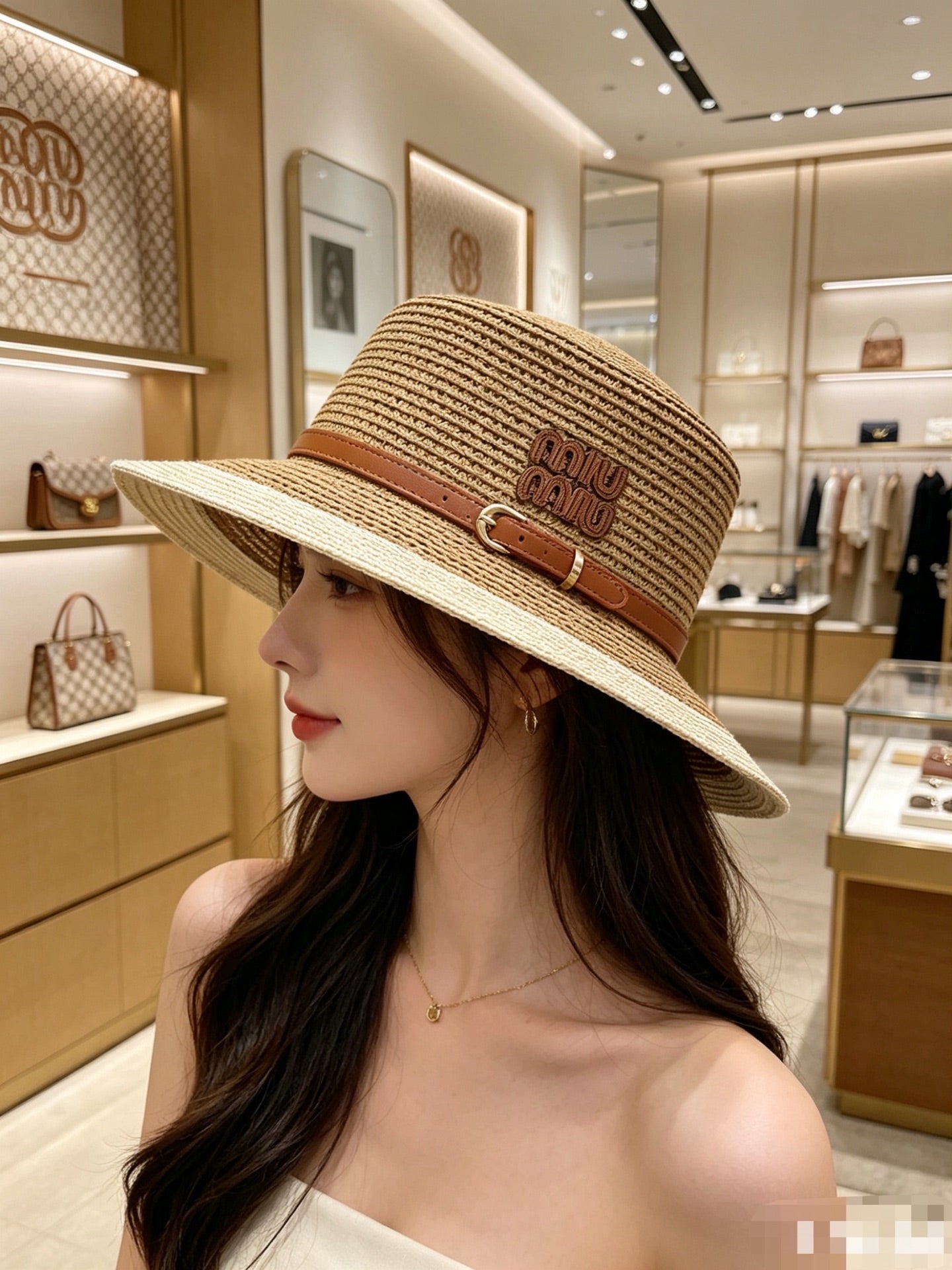 MIU MIU Raffia Straw Boater Hat